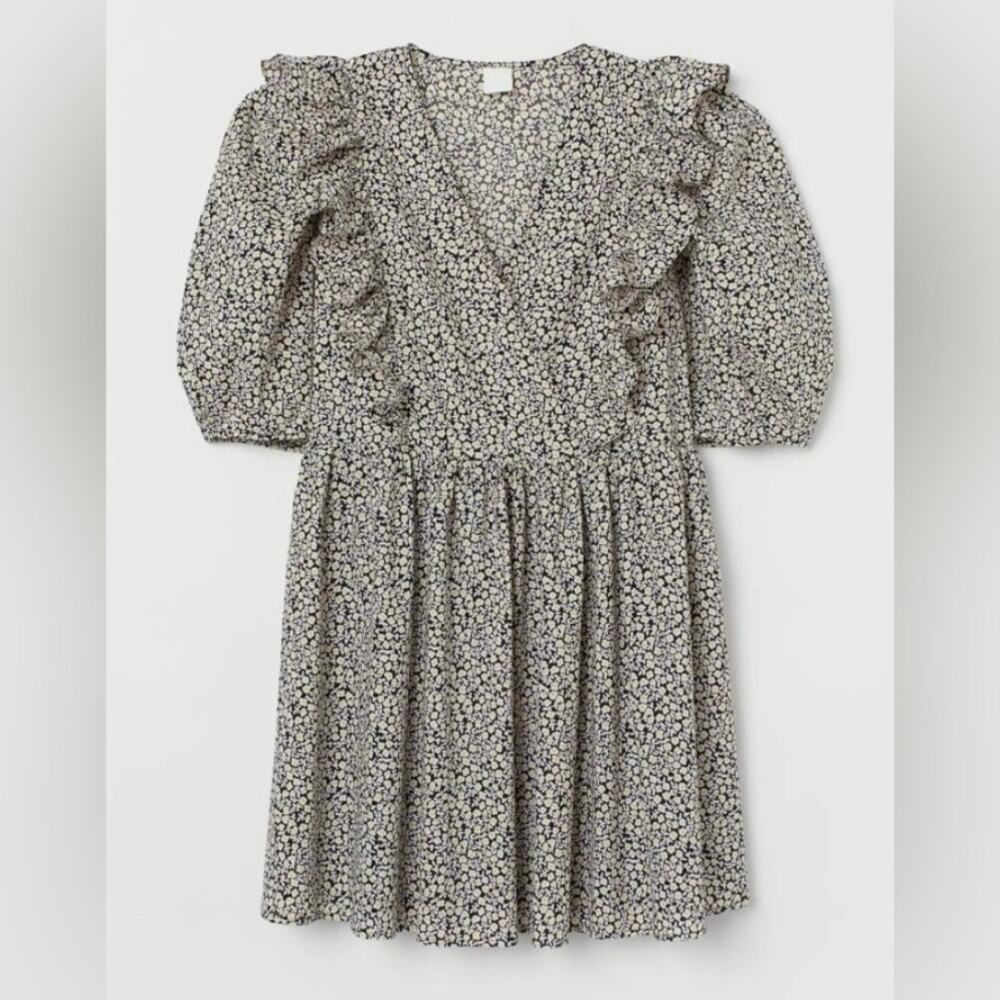 H&M | Floral Puff Sleeve Dress Ruffles black White Yellow Pink Cottagecore | XL